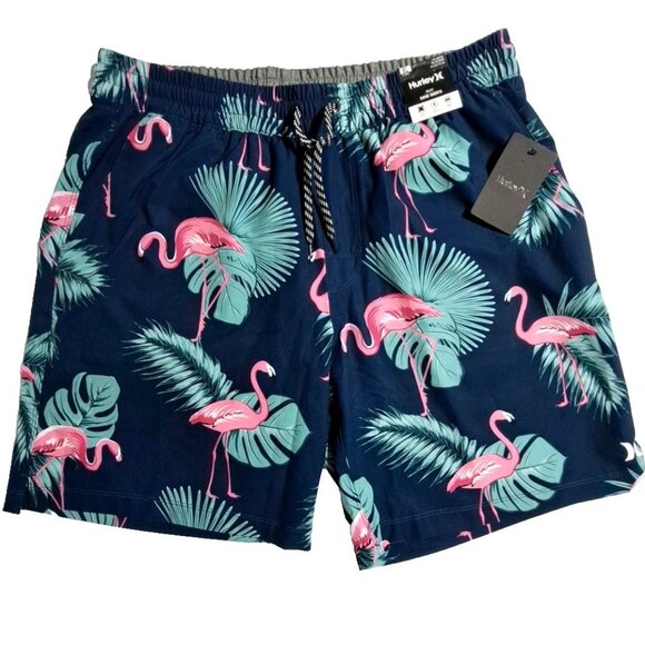 Hurley XL Men's Elastic Waist Dark Blue/Pink Flamingo Swim Trunks Stretch Volley - Picture 1 of 13
